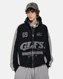 model front view wearing black faux suede colorblock zip hoodie