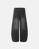 black washed curved seam barrel jeans product back view