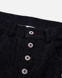button fly detail on black denim jeans