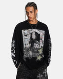 model front view wearing black poster graphic long sleeve tee