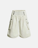 cream wide leg cargo shorts on body front view