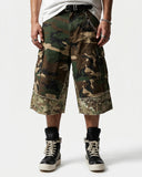 wide-leg camo jorts with layered hem styling