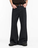 black raw denim bootcut jeans front view