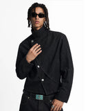 asymmetric button denim jacket on model