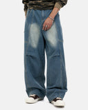 model wearing washed seam detail baggy jeans front view