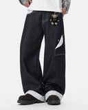 model wearing raw indigo baggy jeans front view