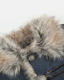 faux fur collar detail on washed padded denim jacket close-up