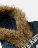 faux fur hood trim detail on washed denim jacket
