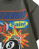 close up of front graphic print on dark grey t shirt