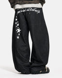model wearing raw black barrel jeans front styling