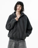 model wearing snow washed raw edge zip up hoodie