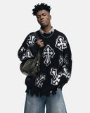Distressed Cross Graphic Knit Sweater | Inflation Streetwear