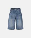 mens denim jorts with back pocket embroidery and vintage wash finish