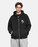 upper body model wearing black star zip hoodie