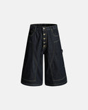 Wide-leg cargo denim shorts with adjustable back buckle