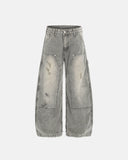 grey wash deconstructed barrel jeans front view