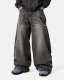 model wearing washed barrel jeans front view
