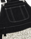 black patch pocket detail on leopard print denim overalls