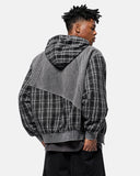 back view model wearing plaid patchwork zip hoodie