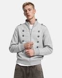 model wearing grey silver button zip jacket front view