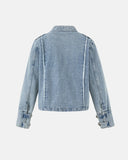 Light blue cropped denim jacket back view