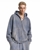 blue washed zip hoodie model front view