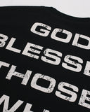 distressed white slogan print detail on black waffle fabric