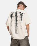 model wearing apricot skeleton x-ray mesh t-shirt side view