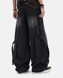 black washed straight-leg jeans with side straps