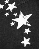 white star graphic detail on raw black denim jeans