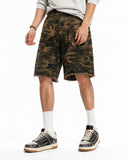 relaxed fit camo shorts with frayed raw hem detail