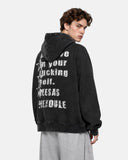 back view model wearing washed graphic zip hoodie