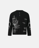 black waffle graphic henley long sleeve t shirt front view