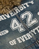 collegiate number graphic detail on washed denim hooded jacket