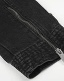 cropped denim jacket ribbed hem and zipper detail close-up