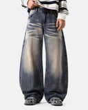 model wearing bamboo weave barrel jeans