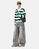 full-body styling with deconstructed grey barrel jeans