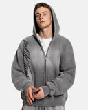model wearing monkey wash graphic zip hoodie