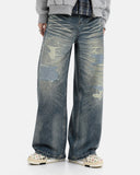 Whiskered Distressed Baggy Jeans | Inflation Streetwear