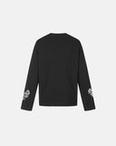 flat lay of long sleeve knit top with corset graphic