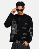model upper body wearing black angel graphic waffle henley t shirt