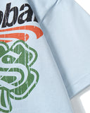 close up of front graphic print on light blue oversized t shirt