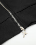black zip up hoodie with ribbed cuffs and hem