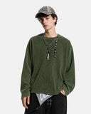 model upper body wearing olive waffle long sleeve t shirt
