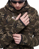 upper body model showing thumbhole cuff on camo hoodie