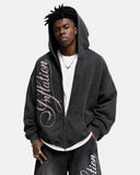 Washed Script Graphic Zip Up Hoodie | Inflation Streetwear