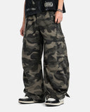 camo cargo pants with side flap pockets and wide-leg fit