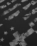 close up of distressed graphic print on black t shirt
