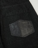 textured pocket detail on black denim shorts