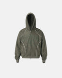 front product view of olive contrast binding zip hoodie